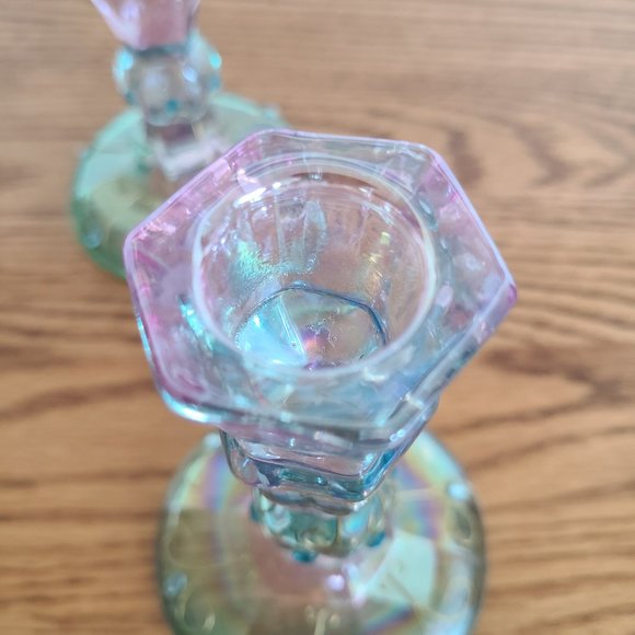 PartyLite Mardi Gras Colorful Tapered Candlestick Holder Pair Set of Two 5" Tall - Picture 12 of 17